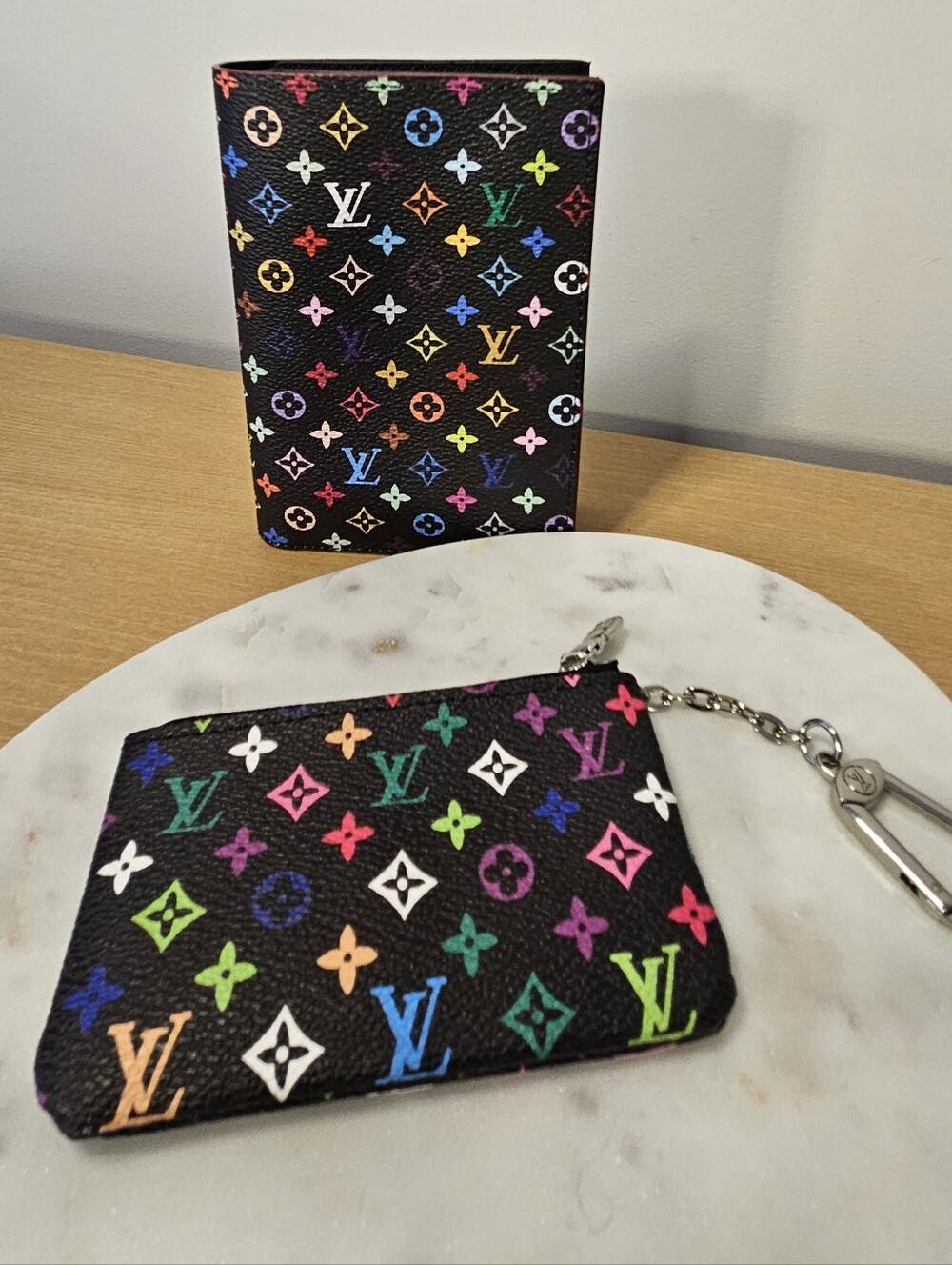 Designer Inspired Black Multicolor Monogram Passport Cover and Coin Pouch Set